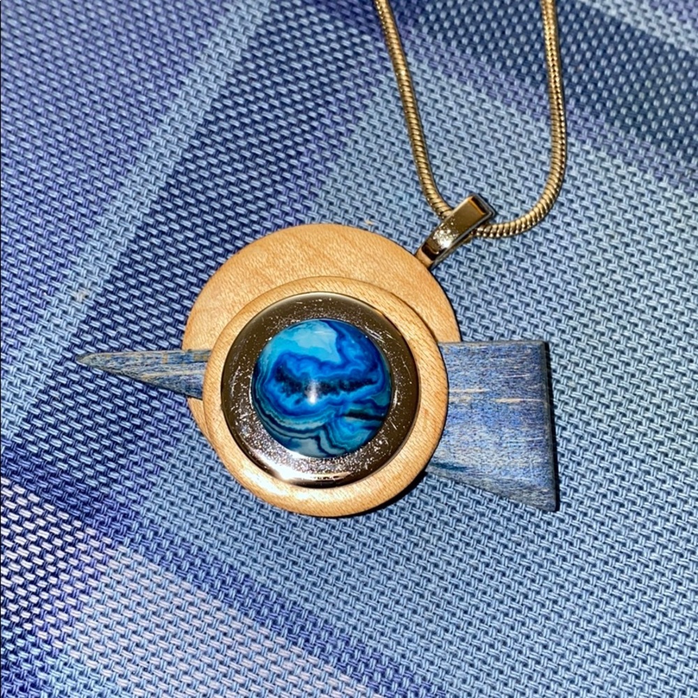 Necklace hand made of wood, metal ring & stone $25